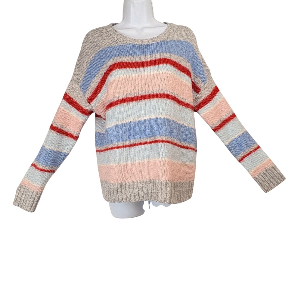 Lucky Brand Womens XL Striped Crew Neck Knit‎ Pullover Sweater Grey Pink Blue